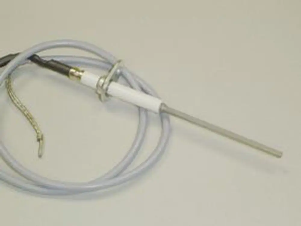 Ionisationselektrode mit Kabel, verwendet in Heizungsanlagen. Erkennbar sind die formenden Teile und die Verbindung für Remeha-Systeme.